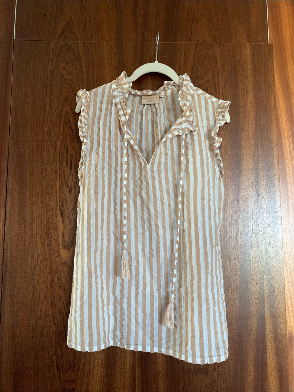 Rungolee Striped Ruffle Tie-Neck Sleeveless Top - Beige & White